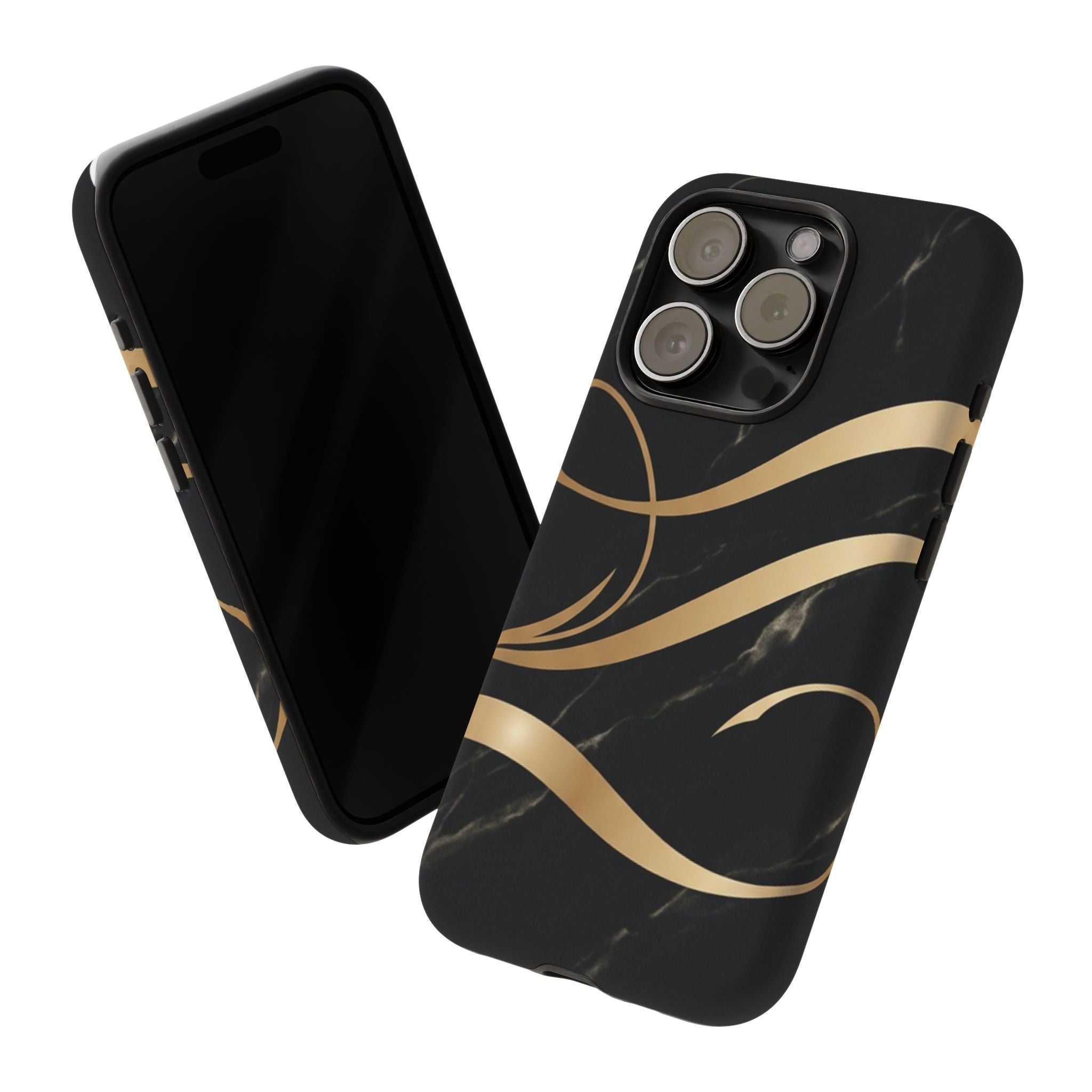Black Marble Phone Case with Gold Swirl — Elegant Protective Tough Case