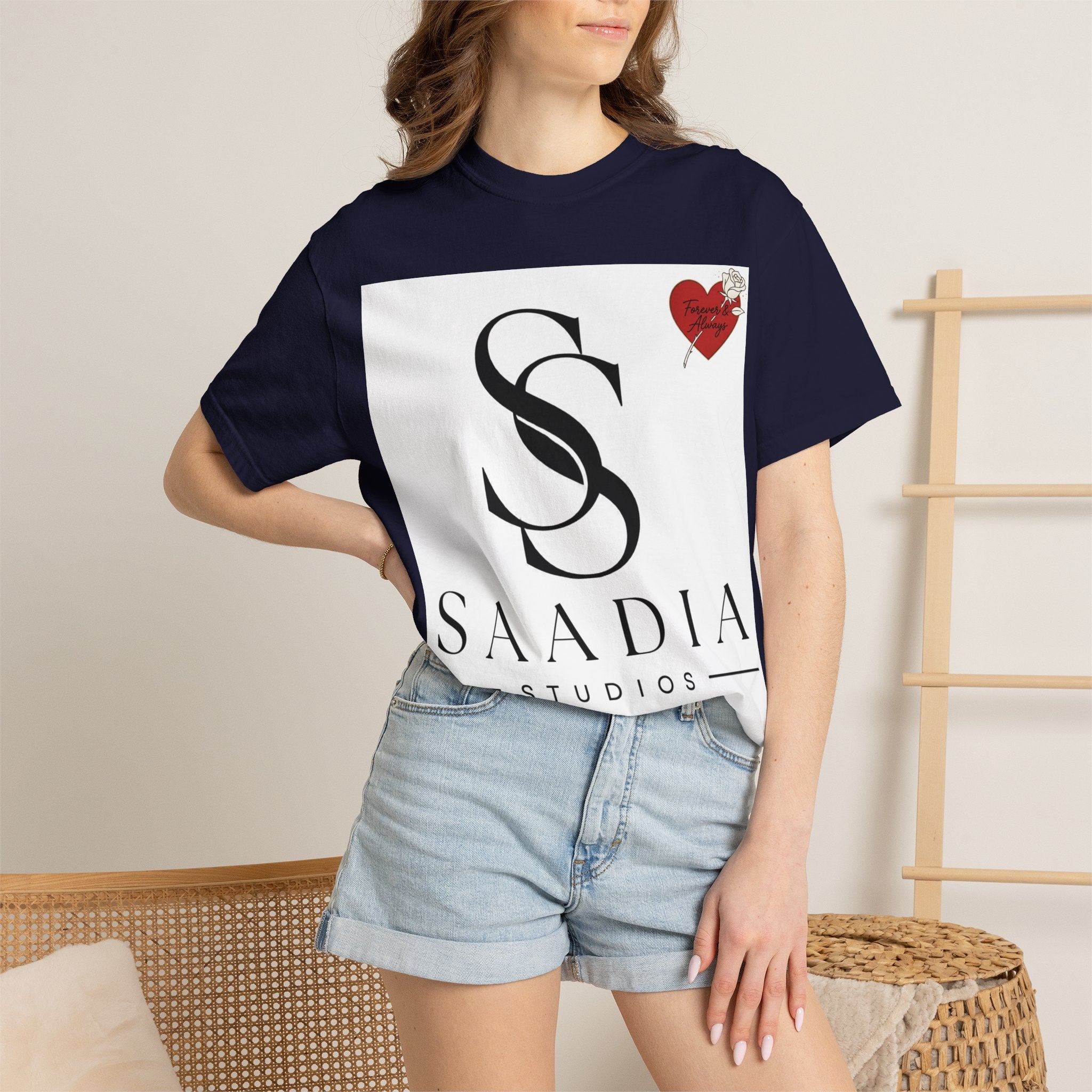 Saadia Studios Logo T-Shirt — SS Monogram Tee with Heart Accent