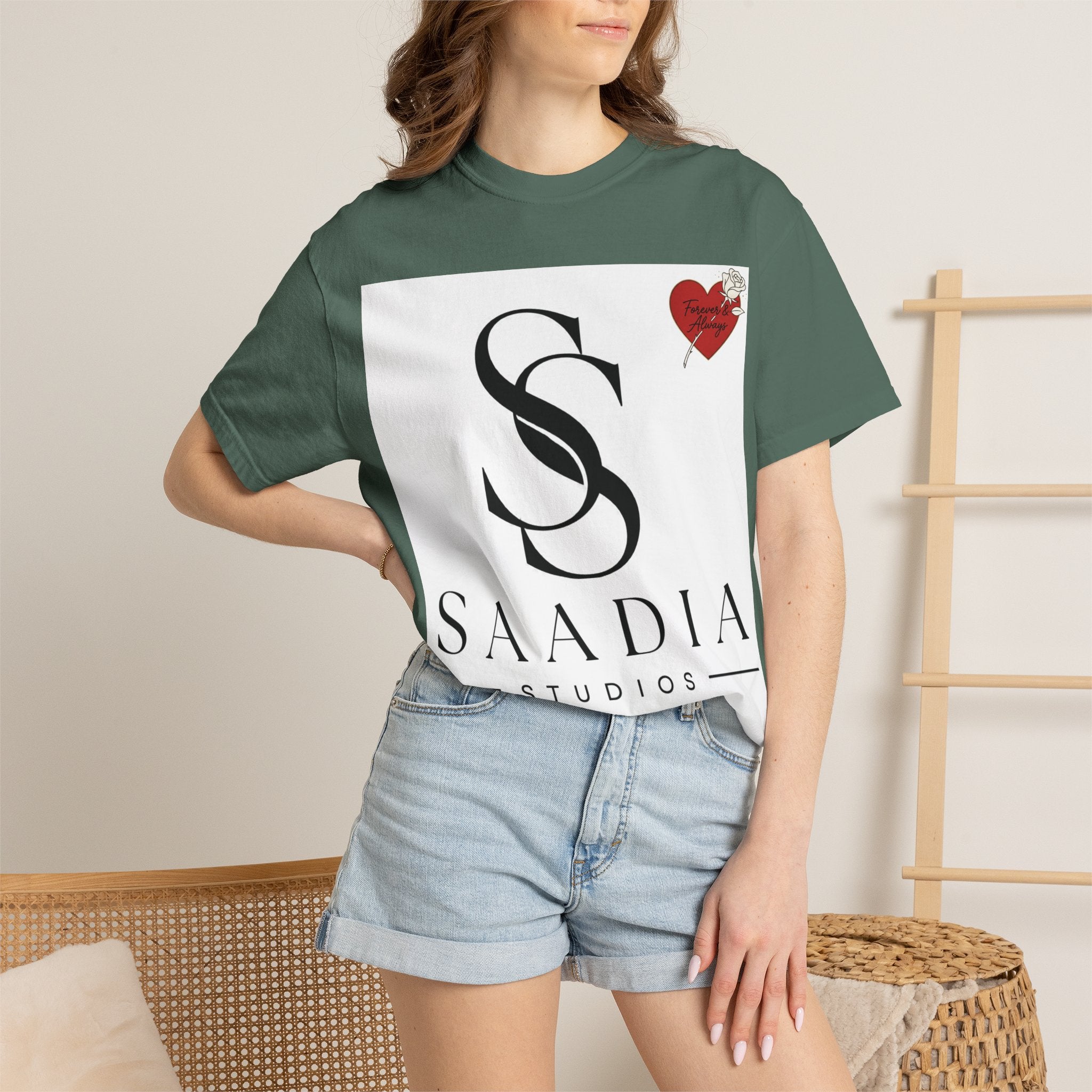 Saadia Studios Logo T-Shirt — SS Monogram Tee with Heart Accent