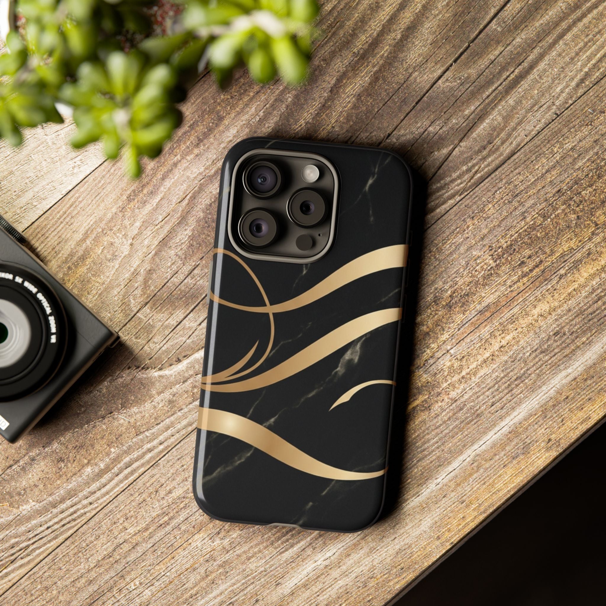 Black Marble Phone Case with Gold Swirl — Elegant Protective Tough Case
