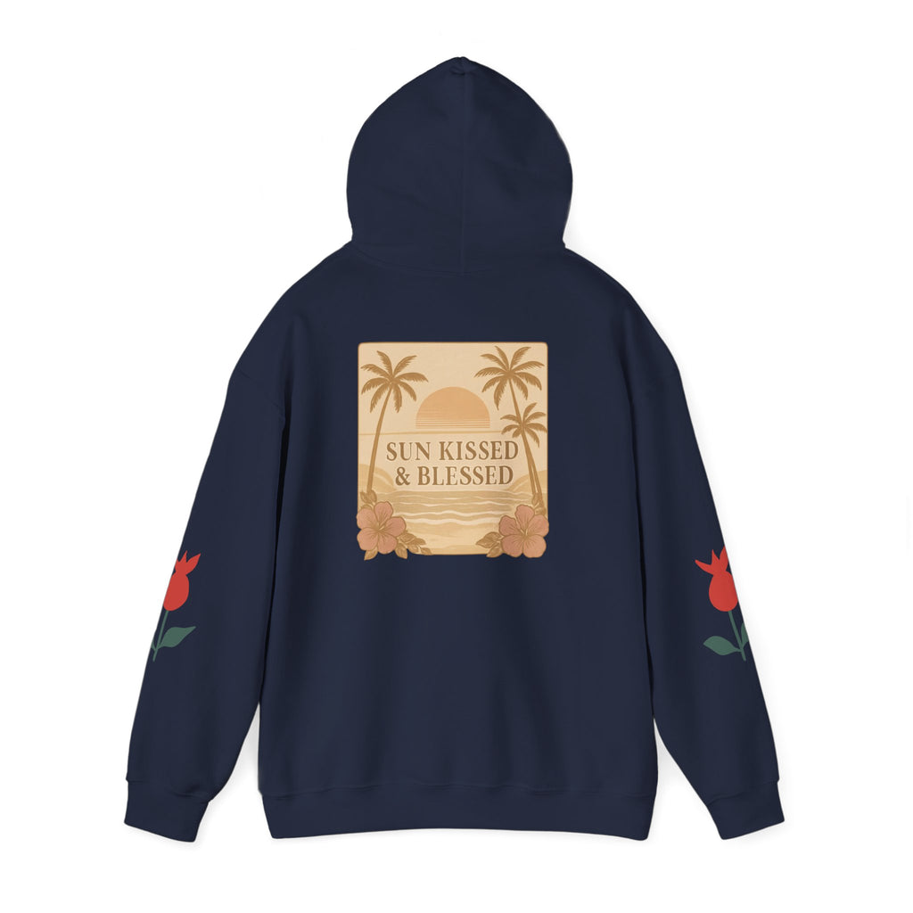 Coastal Soul Hoodie — 'Sun Kissed & Blessed' Tropical Palm Graphic Hooded Sweatshirt