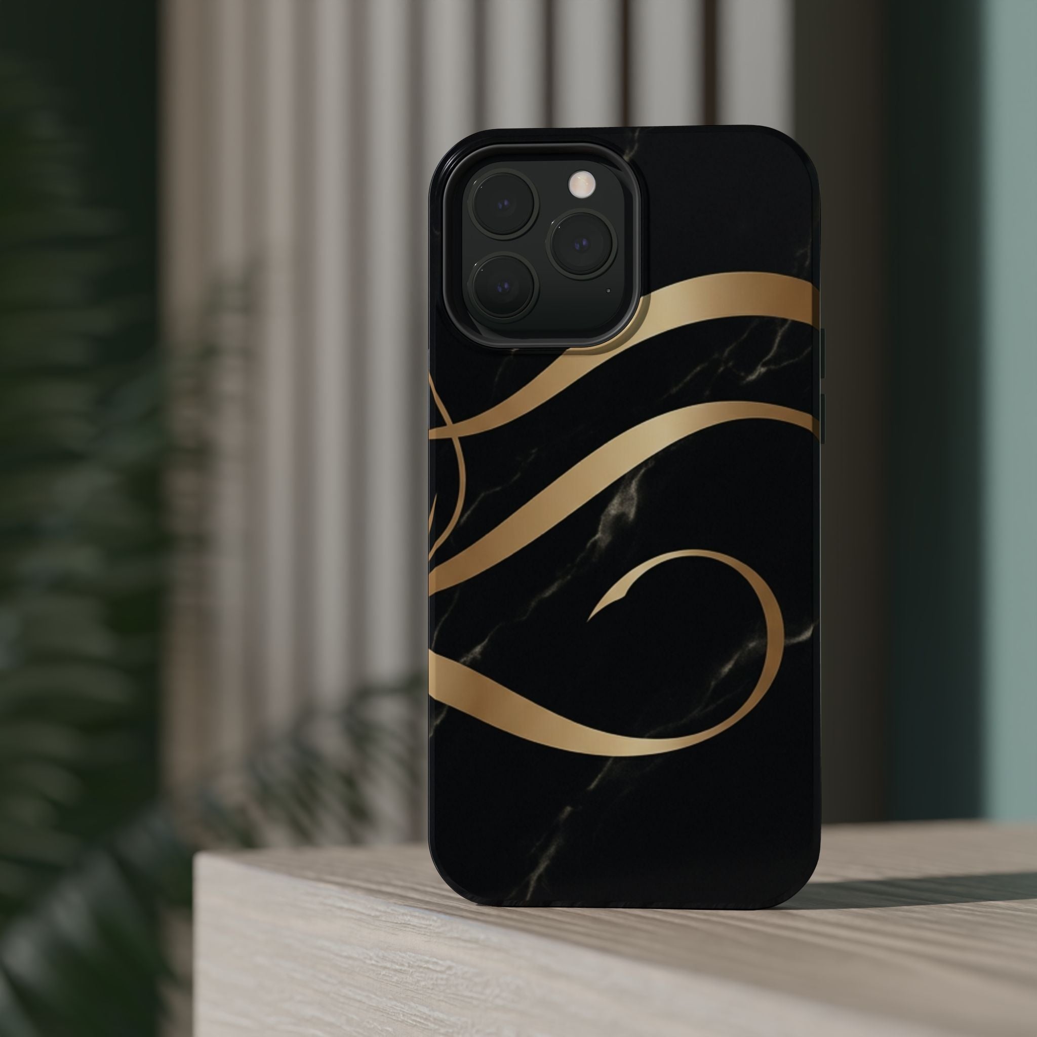 Magnetic Impact-Resistant Phone Case — Black Marble with Gold Swirl