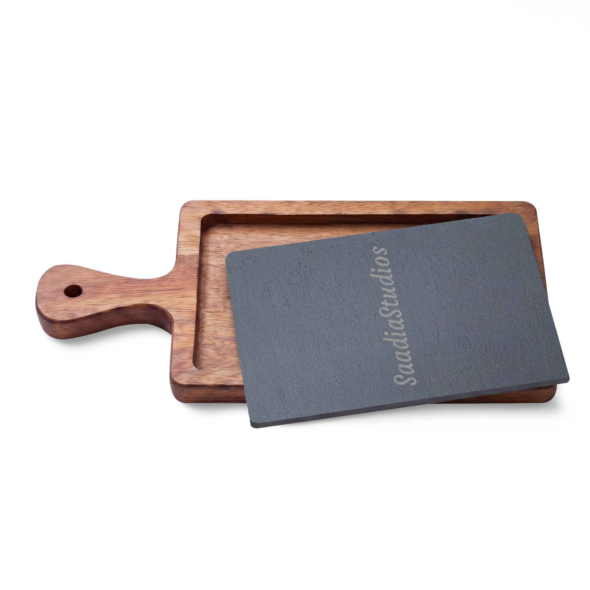 Engraved Acacia Charcuterie Board with Slate Insert & Cheese Knives