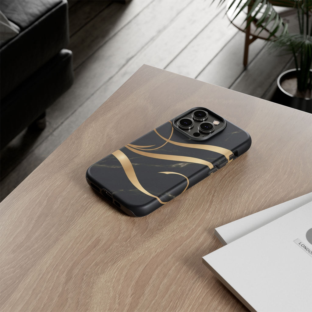 Black Marble Phone Case with Gold Swirl — Elegant Protective Tough Case