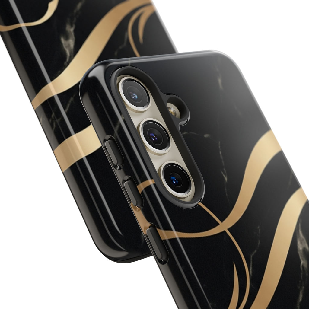 Black Marble Phone Case with Gold Swirl — Elegant Protective Tough Case