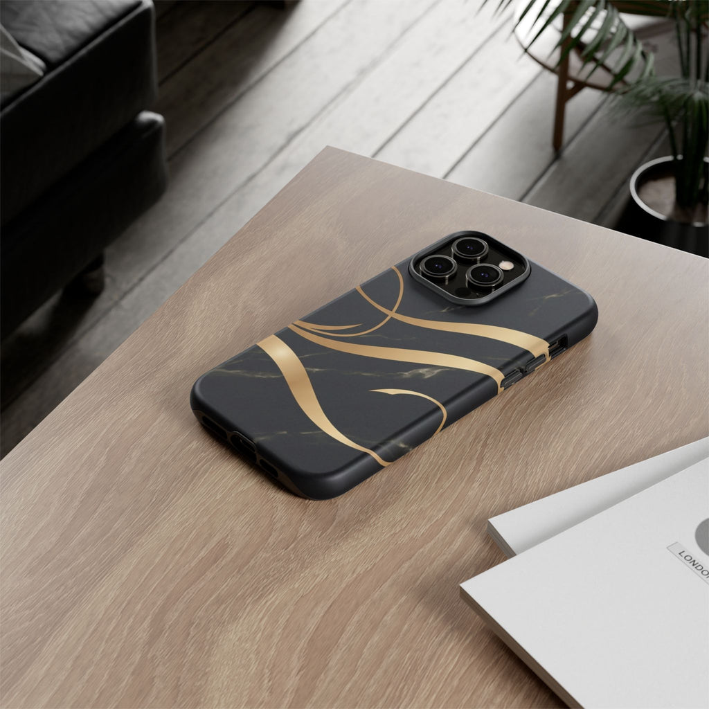 Black Marble Phone Case with Gold Swirl — Elegant Protective Tough Case