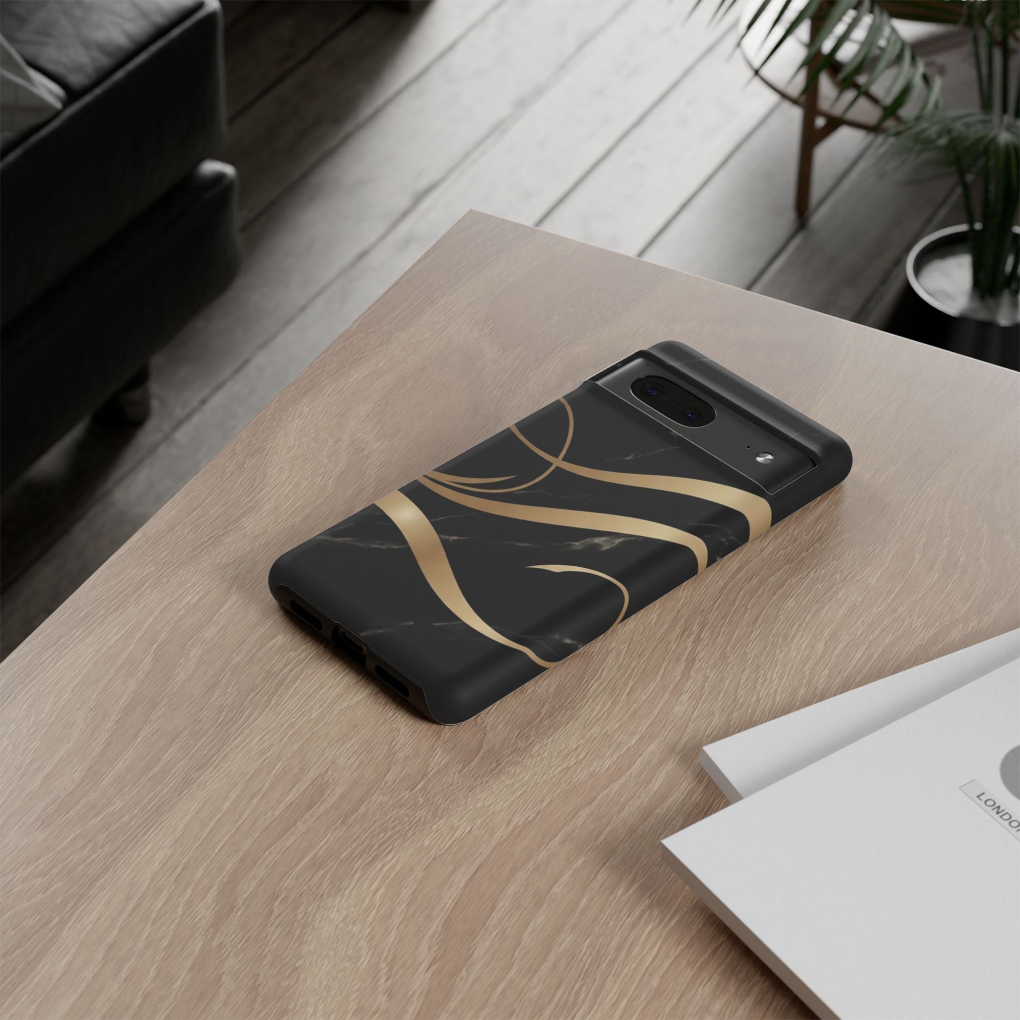 Black Marble Phone Case with Gold Swirl — Elegant Protective Tough Case