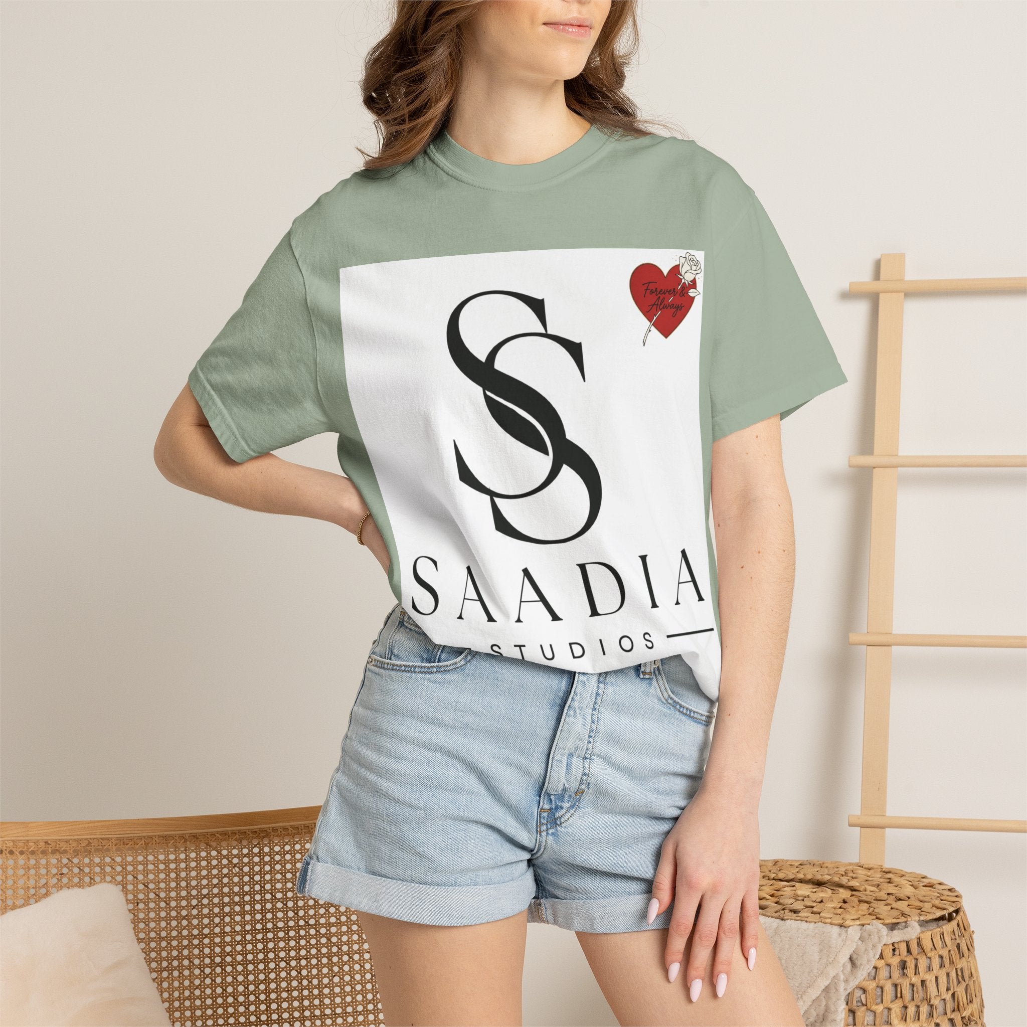 Saadia Studios Logo T-Shirt — SS Monogram Tee with Heart Accent