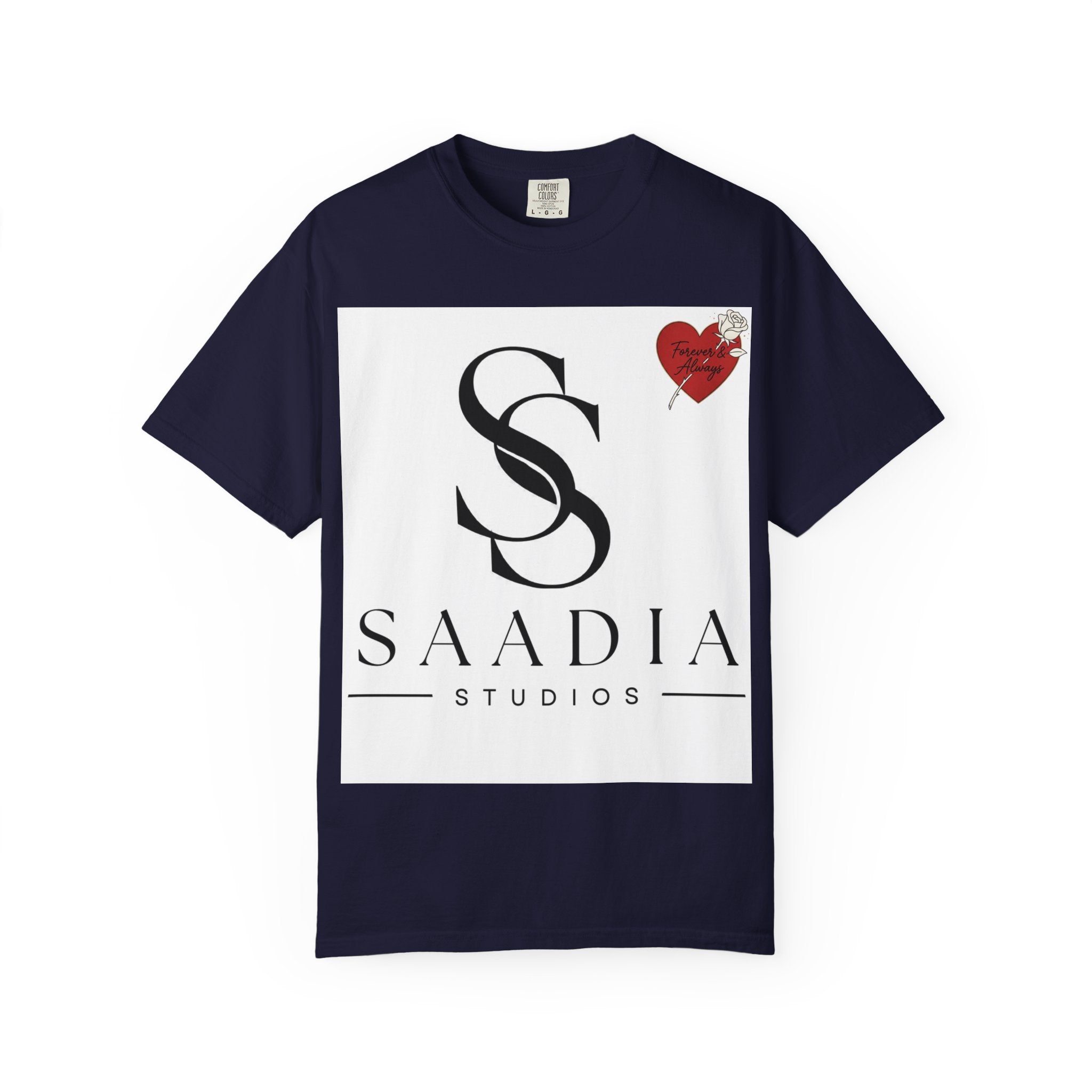 Saadia Studios Logo T-Shirt — SS Monogram Tee with Heart Accent