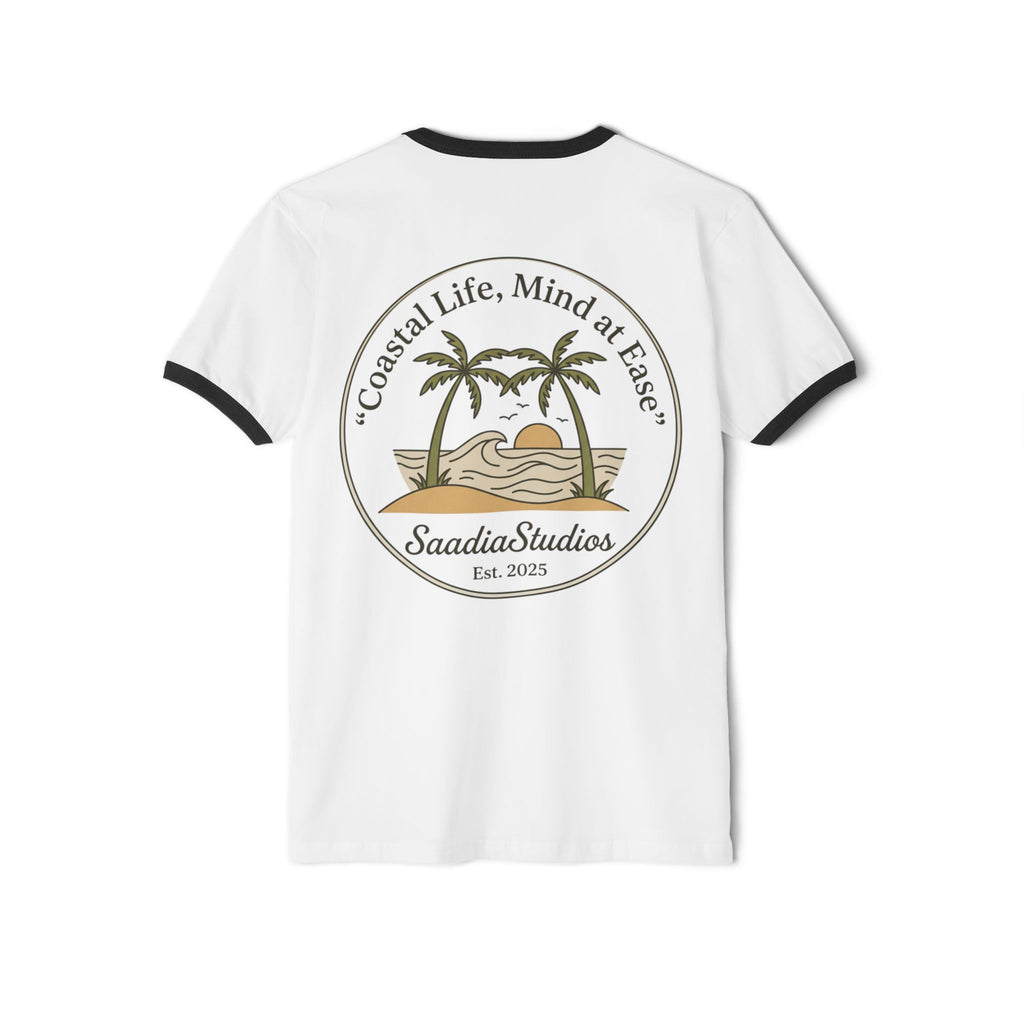 Coastal Life Ringer T-Shirt — "Coastal Life, Mind at Ease" Palm Sunset Tee