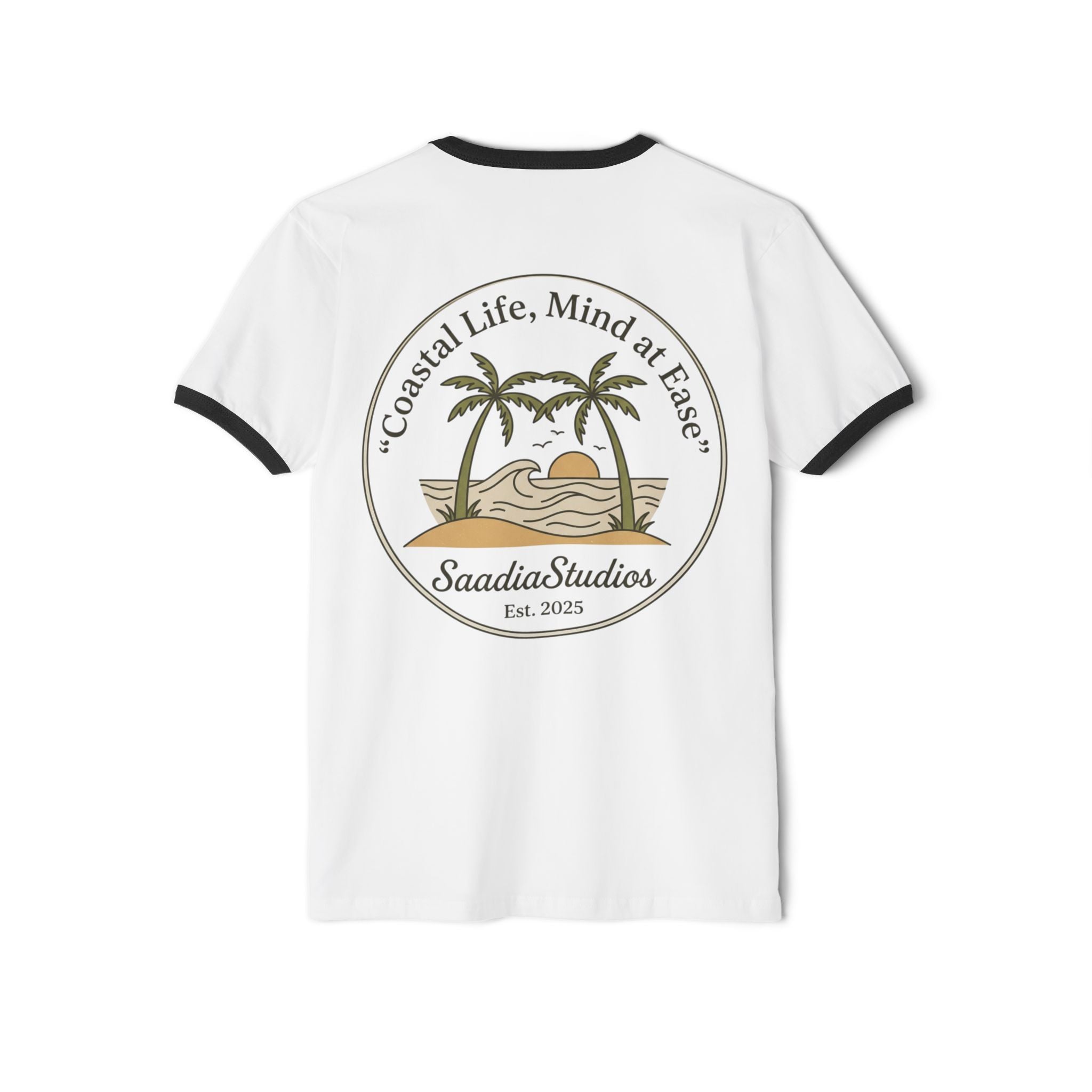Coastal Life Ringer T-Shirt — "Coastal Life, Mind at Ease" Palm Sunset Tee