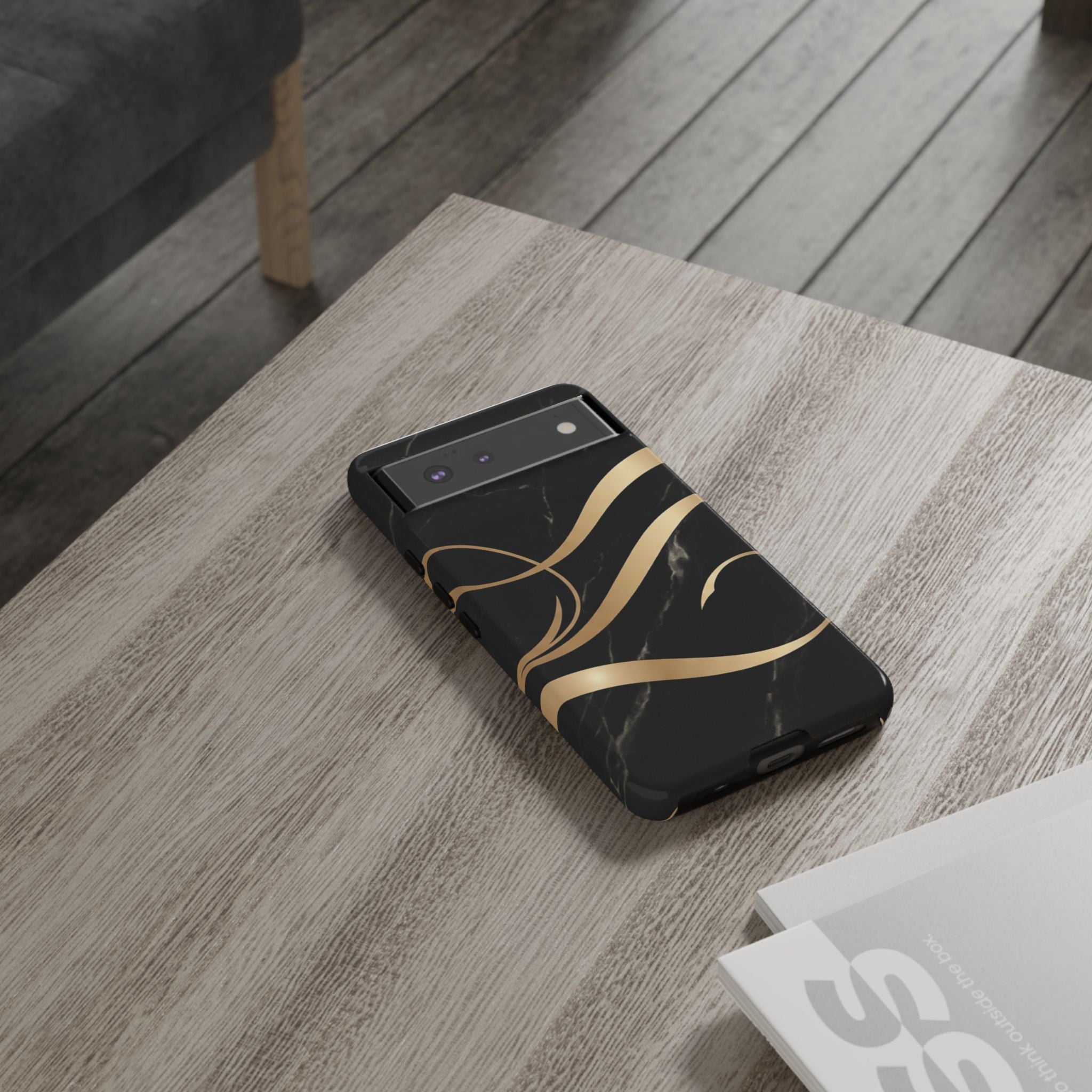 Black Marble Phone Case with Gold Swirl — Elegant Protective Tough Case