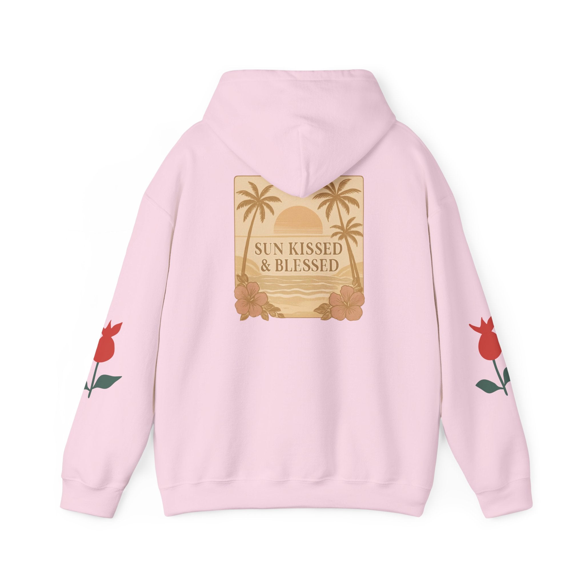 Coastal Soul Hoodie — 'Sun Kissed & Blessed' Tropical Palm Graphic Hooded Sweatshirt
