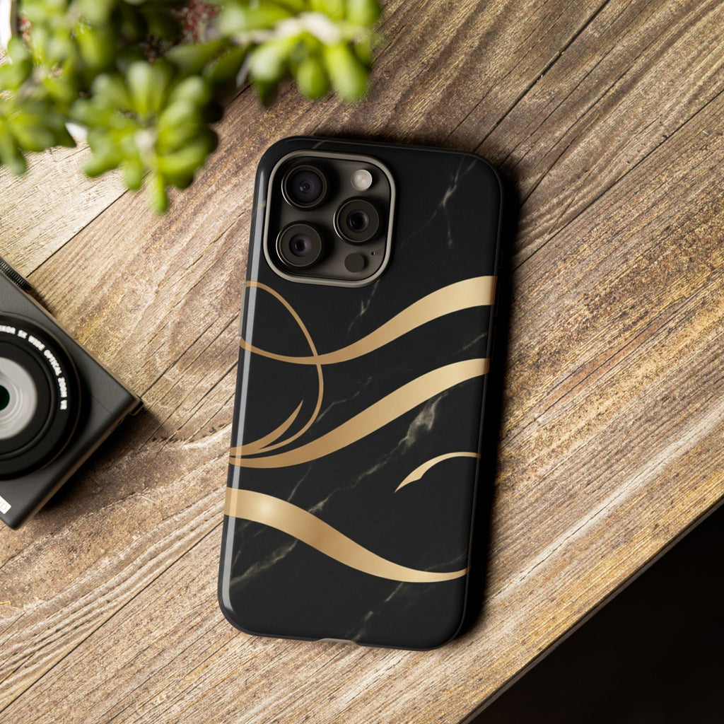 Black Marble Phone Case with Gold Swirl — Elegant Protective Tough Case