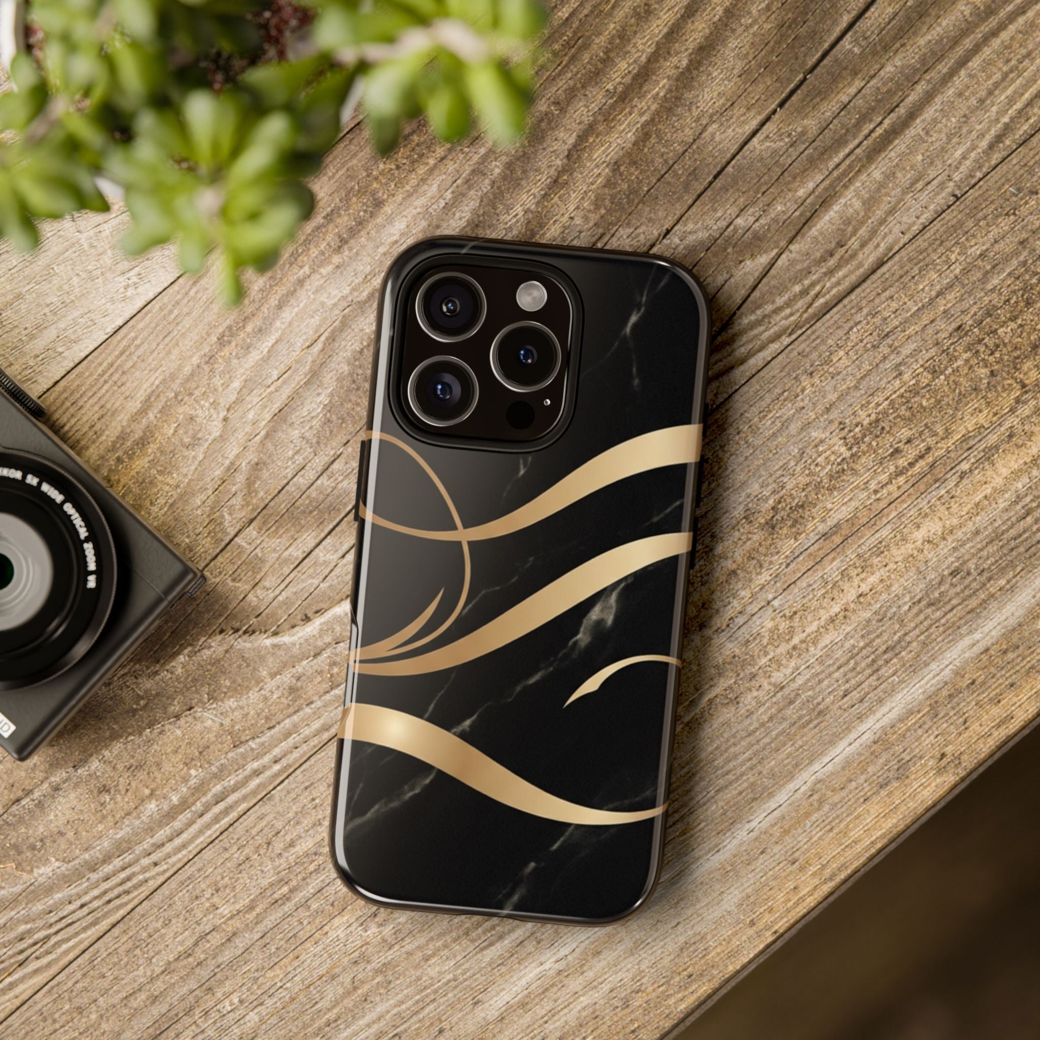 Black Marble Phone Case with Gold Swirl — Elegant Protective Tough Case