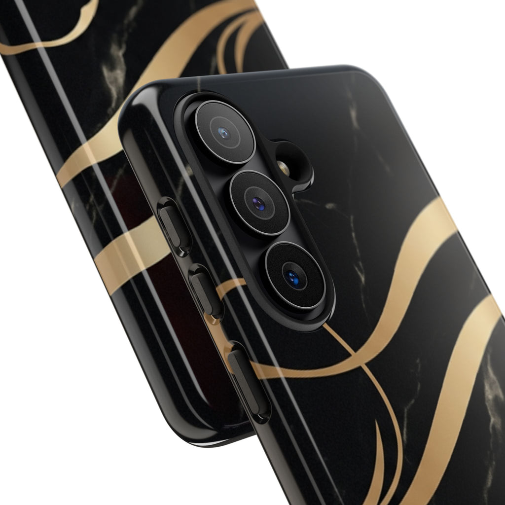 Black Marble Phone Case with Gold Swirl — Elegant Protective Tough Case