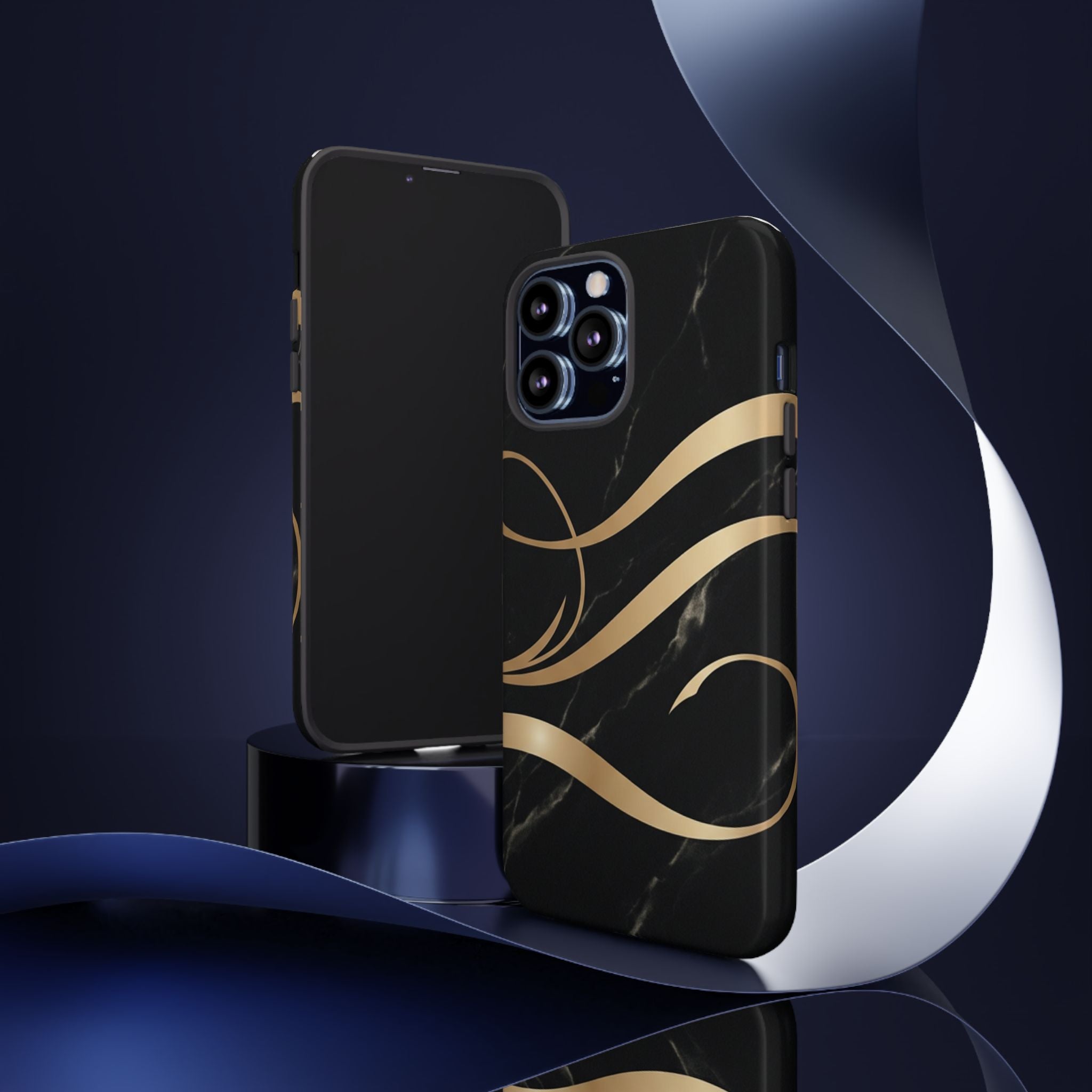 Black Marble Phone Case with Gold Swirl — Elegant Protective Tough Case