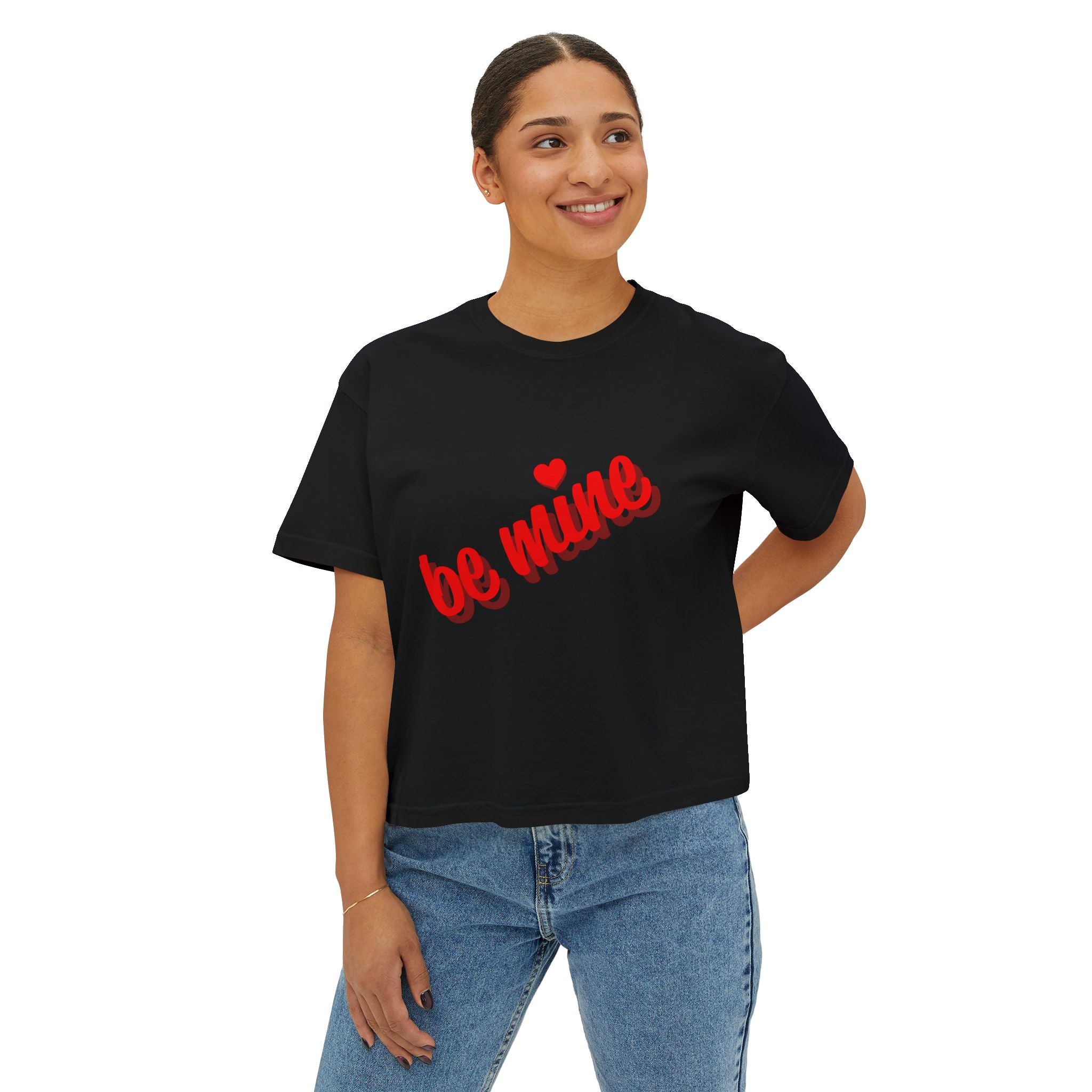 Be Mine Heart Script Boxy Tee — Valentine Rose Graphic Top