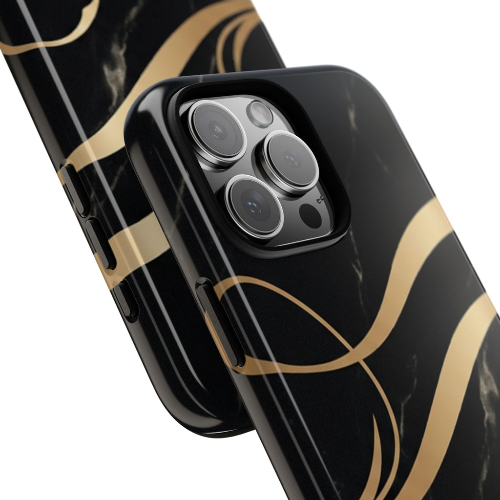 Black Marble Phone Case with Gold Swirl — Elegant Protective Tough Case